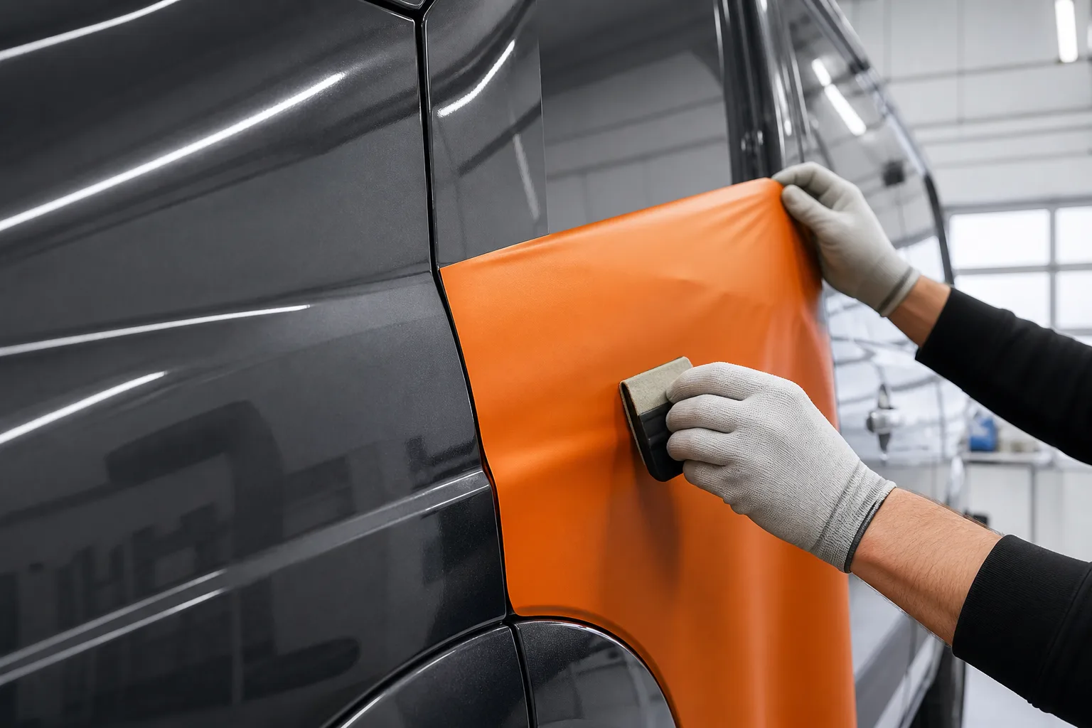 Profesionální aplikace oranžové fólie na karoserii automobilu